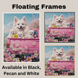 Mother American Eskimo Dog and Puppies in Easter Outfits, Sweet Spring Art for Dog Lovers, Holiday Gift for Eskimo Dog Owners, Dog Wall Art on Canvas Wrap, Framed Print, or Rolled Artwork for Living Room or Bedroom