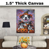 American Staffordshire Dog Halloween Canvas Wall Art with Pumpkins Fall Rustic Decor for Pet Lovers on Ready to Hang 1.5" Thick Canvas Wrap, Floating Framed Canvas, Flat Rolled Canvas