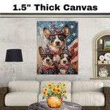 Australian Cattle Dog Mom and Puppies in Patriotic Outfits and Star Hats with American Flag Backdrop in Rustic Painting Style on Ready to Hang 1.5" Thick Canvas Wrap, Floating Framed Canvas, Flat Rolled Canvas
