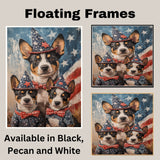 Australian Cattle Dog Mom and Puppies in Patriotic Outfits and Star Hats with American Flag Backdrop in Rustic Painting Style on Ready to Hang 1.5" Thick Canvas Wrap, Floating Framed Canvas, Flat Rolled Canvas