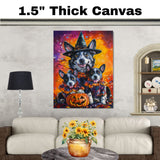 Halloween Witch Australian Cattle Dog Canvas Wall Art with Pumpkins Fall Farmhouse Decor for Pet Lovers on Ready to Hang 1.5" Thick Canvas Wrap, Floating Framed Canvas, Flat Rolled Canvas