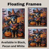 Halloween Witch Hat Australian Kelpie Dog Family Wall Art with Pumpkins Rustic Fall Farmhouse Decor for Pet Lovers on Ready to Hang 1.5" Thick Canvas Wrap, Floating Framed Canvas, Flat Rolled Canvas