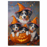 Australian Shepherd Halloween Dog Wall Art with Pumpkins Vintage Fall Farmhouse Decor for Pet Lovers on Ready to Hang 1.5" Thick Canvas Wrap, Floating Framed Canvas, Flat Rolled Canvas