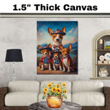 Basenji Dog Mom and Puppies in Patriotic Outfits with Bowties and Hats in a Scenic Mountain Valley American Holiday Painting on Ready to Hang 1.5" Thick Canvas Wrap, Floating Framed Canvas, Flat Rolled Canvas