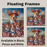 Basenji Dog Mom and Puppies in American Flag Outfits and Bowties with Wildflowers and Lake View in Patriotic Oil Painting on Ready to Hang 1.5" Thick Canvas Wrap, Floating Framed Canvas, Flat Rolled Canvas