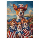 Basenji Dog Mom and Puppies in American Flag Outfits and Bowties with Wildflowers and Lake View in Patriotic Oil Painting on Ready to Hang 1.5" Thick Canvas Wrap, Floating Framed Canvas, Flat Rolled Canvas
