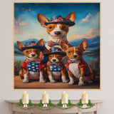 Basenji Dog Mom and Puppies in Patriotic Outfits with Bowties and Hats in a Scenic Mountain Valley American Holiday Painting on Ready to Hang 1.5" Thick Canvas Wrap, Floating Framed Canvas, Flat Rolled Canvas