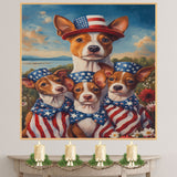 Basenji Dog Mom and Puppies in American Flag Outfits and Bowties with Wildflowers and Lake View in Patriotic Oil Painting on Ready to Hang 1.5" Thick Canvas Wrap, Floating Framed Canvas, Flat Rolled Canvas