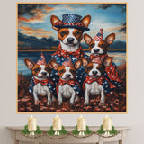 Basenji Dog Mom and Puppies in Patriotic Outfits with Party Hats and Bowties by Lakeside Sunset in a Colorful Americana Painting on Ready to Hang 1.5" Thick Canvas Wrap, Floating Framed Canvas, Flat Rolled Canvas