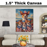 Basenji Dog Mom and Puppies in American Flag Outfits and Bowties with Wildflowers and Lake View in Patriotic Oil Painting on Ready to Hang 1.5" Thick Canvas Wrap, Floating Framed Canvas, Flat Rolled Canvas