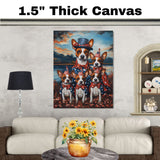 Basenji Dog Mom and Puppies in Patriotic Outfits with Party Hats and Bowties by Lakeside Sunset in a Colorful Americana Painting on Ready to Hang 1.5" Thick Canvas Wrap, Floating Framed Canvas, Flat Rolled Canvas