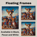 Basenji Dog Mom and Puppies in Patriotic Outfits with Bowties and Hats in a Scenic Mountain Valley American Holiday Painting on Ready to Hang 1.5" Thick Canvas Wrap, Floating Framed Canvas, Flat Rolled Canvas