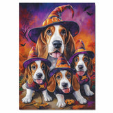 Basset Hound Dog and Puppy Halloween Canvas Wall Art with Witch Hat Fall Farmhouse Decor for Autumn on Ready to Hang 1.5" Thick Canvas Wrap, Floating Framed Canvas, Flat Rolled Canvas