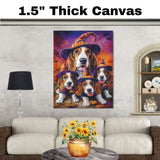 Basset Hound Dog and Puppy Halloween Canvas Wall Art with Witch Hat Fall Farmhouse Decor for Autumn on Ready to Hang 1.5" Thick Canvas Wrap, Floating Framed Canvas, Flat Rolled Canvas