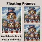 Beagle Family Patriotic Oil Painting – Mom and 3 Puppies in Stars & Stripes Hats and Bow Ties on Ready to Hang 1.5" Thick Canvas Wrap, Floating Framed Canvas, Flat Rolled Canvas