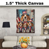 Beagle Mom and Three Puppies in Star-Spangled Outfits and Hats – Patriotic Dog Family Oil Painting Wall Art on Ready to Hang 1.5" Thick Canvas Wrap, Floating Framed Canvas, Flat Rolled Canvas