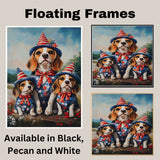 Beagle Dog Family Patriotic Portrait – Mom and 3 Puppies in Red, White & Blue Outfits with Flag and Hats on Ready to Hang 1.5" Thick Canvas Wrap, Floating Framed Canvas, Flat Rolled Canvas