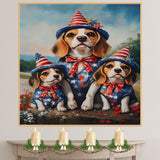 Beagle Dog Family Patriotic Portrait – Mom and 3 Puppies in Red, White & Blue Outfits with Flag and Hats on Ready to Hang 1.5" Thick Canvas Wrap, Floating Framed Canvas, Flat Rolled Canvas