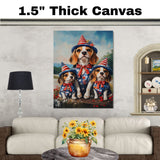 Beagle Dog Family Patriotic Portrait – Mom and 3 Puppies in Red, White & Blue Outfits with Flag and Hats on Ready to Hang 1.5" Thick Canvas Wrap, Floating Framed Canvas, Flat Rolled Canvas