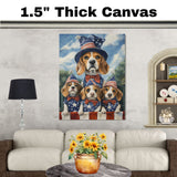 Beagle Family Patriotic Oil Painting – Mom and 3 Puppies in Stars & Stripes Hats and Bow Ties on Ready to Hang 1.5" Thick Canvas Wrap, Floating Framed Canvas, Flat Rolled Canvas