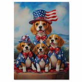 Beagle Dog Family Patriotic Portrait – Oil Painting of Mom and 3 Pups in Stars and Stripes Hats and Bowties on Ready to Hang 1.5" Thick Canvas Wrap, Floating Framed Canvas, Flat Rolled Canvas