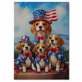 Beagle Dog Family Patriotic Portrait – Oil Painting of Mom and 3 Pups in Stars and Stripes Hats and Bowties on Ready to Hang 1.5" Thick Canvas Wrap, Floating Framed Canvas, Flat Rolled Canvas