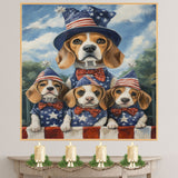 Beagle Family Patriotic Oil Painting – Mom and 3 Puppies in Stars & Stripes Hats and Bow Ties on Ready to Hang 1.5" Thick Canvas Wrap, Floating Framed Canvas, Flat Rolled Canvas