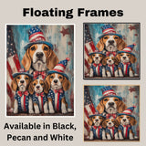 Beagle Mom and Three Puppies in Star-Spangled Outfits and Hats – Patriotic Dog Family Oil Painting Wall Art on Ready to Hang 1.5" Thick Canvas Wrap, Floating Framed Canvas, Flat Rolled Canvas