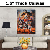 Halloween Beagle Dog and Puppy Canvas Wall Art with Witch Hats Fall Decor for Thanksgiving Party on Ready to Hang 1.5" Thick Canvas Wrap, Floating Framed Canvas, Flat Rolled Canvas