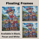 Patriotic Bengal Cat Mother and Three Kittens in Red White and Blue Outfits by a Lake with Floral Summer Backdrop on Ready to Hang 1.5" Thick Canvas Wrap, Floating Framed Canvas, Flat Rolled Canvas