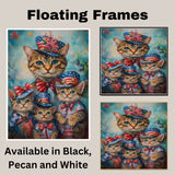 Charming Bengal Cat Mother and Three Kittens in Patriotic Hats with Stars and Bows on a Playful Colorful Background on Ready to Hang 1.5" Thick Canvas Wrap, Floating Framed Canvas, Flat Rolled Canvas