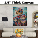 Charming Bengal Cat Mother and Three Kittens in Patriotic Hats with Stars and Bows on a Playful Colorful Background on Ready to Hang 1.5" Thick Canvas Wrap, Floating Framed Canvas, Flat Rolled Canvas