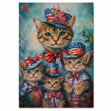 Charming Bengal Cat Mother and Three Kittens in Patriotic Hats with Stars and Bows on a Playful Colorful Background on Ready to Hang 1.5" Thick Canvas Wrap, Floating Framed Canvas, Flat Rolled Canvas