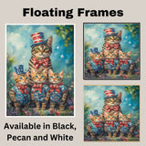 Patriotic Bengal Cat Family Oil Painting Featuring a Mother Cat and Three Kittens in Stars and Stripes Outfits and Top Hats on Ready to Hang 1.5" Thick Canvas Wrap, Floating Framed Canvas, Flat Rolled Canvas