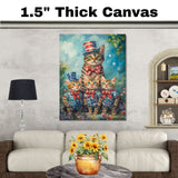 Patriotic Bengal Cat Family Oil Painting Featuring a Mother Cat and Three Kittens in Stars and Stripes Outfits and Top Hats on Ready to Hang 1.5" Thick Canvas Wrap, Floating Framed Canvas, Flat Rolled Canvas