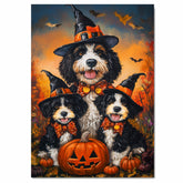 Halloween Witch Hat Bernedoodle Dog Wall Art with Pumpkins Fall Farmhouse Canvas Decor for Pet Lovers on Ready to Hang 1.5" Thick Canvas Wrap, Floating Framed Canvas, Flat Rolled Canvas
