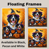 Bernese Mountain Dog Halloween Witch Pumpkin Canvas Wall Art Fall Farmhouse Decor for Pet Lovers on Ready to Hang 1.5" Thick Canvas Wrap, Floating Framed Canvas, Flat Rolled Canvas