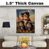 Bernese Mountain Dog Mother and Three Puppies Wearing Patriotic Hats and Bows in a Floral Field with American Theme on Ready to Hang 1.5" Thick Canvas Wrap, Floating Framed Canvas, Flat Rolled Canvas