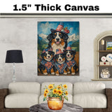 Patriotic Bernese Mountain Dog Mother and Two Puppies Dressed in Stars and Stripes Hats and Bows with American Flag on Ready to Hang 1.5" Thick Canvas Wrap, Floating Framed Canvas, Flat Rolled Canvas