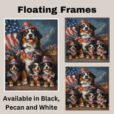 Bernese Mountain Dog Mother and Three Puppies in Patriotic Hats and Bows with American Flag and Floral Accents on Ready to Hang 1.5" Thick Canvas Wrap, Floating Framed Canvas, Flat Rolled Canvas