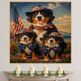 Bernese Mountain Dog Mother and Three Puppies Wearing Patriotic Hats and Bows in a Floral Field with American Theme on Ready to Hang 1.5" Thick Canvas Wrap, Floating Framed Canvas, Flat Rolled Canvas