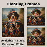 Patriotic Bernese Mountain Dog Mother and Three Puppies in Stars and Stripes Hats with a Scenic Mountain Background on Ready to Hang 1.5" Thick Canvas Wrap, Floating Framed Canvas, Flat Rolled Canvas
