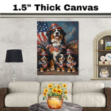 Bernese Mountain Dog Mother and Three Puppies in Patriotic Hats and Bows with American Flag and Floral Accents on Ready to Hang 1.5" Thick Canvas Wrap, Floating Framed Canvas, Flat Rolled Canvas
