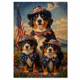 Bernese Mountain Dog Mother and Three Puppies Wearing Patriotic Hats and Bows in a Floral Field with American Theme on Ready to Hang 1.5" Thick Canvas Wrap, Floating Framed Canvas, Flat Rolled Canvas