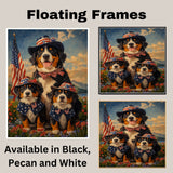 Bernese Mountain Dog Mother and Three Puppies Wearing Patriotic Hats and Bows in a Floral Field with American Theme on Ready to Hang 1.5" Thick Canvas Wrap, Floating Framed Canvas, Flat Rolled Canvas