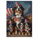 Bernese Mountain Dog Mother and Three Puppies in Patriotic Hats and Bows with American Flag and Floral Accents on Ready to Hang 1.5" Thick Canvas Wrap, Floating Framed Canvas, Flat Rolled Canvas