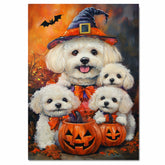 Bichon Frise Dog Halloween Witch Canvas Wall Art with Pumpkins Fall Farmhouse Decor for Pet Lovers on Ready to Hang 1.5" Thick Canvas Wrap, Floating Framed Canvas, Flat Rolled Canvas