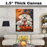 Bichon Frise Dog Halloween Witch Canvas Wall Art with Pumpkins Fall Farmhouse Decor for Pet Lovers on Ready to Hang 1.5" Thick Canvas Wrap, Floating Framed Canvas, Flat Rolled Canvas