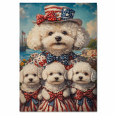 Bichon Frise Mother and Three Puppies in Patriotic Outfits with Hats and Bows by the Seaside with Flags and Flowers on Ready to Hang 1.5" Thick Canvas Wrap, Floating Framed Canvas, Flat Rolled Canvas