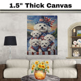 Bichon Frise Mother and Four Puppies Dressed in Patriotic Outfits with Flag Hat and Sunset Lake Background on Ready to Hang 1.5" Thick Canvas Wrap, Floating Framed Canvas, Flat Rolled Canvas